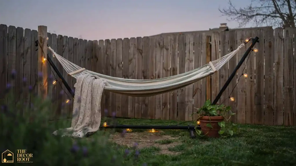 Small yard hammock corner lit with warm solar string lights at dusk