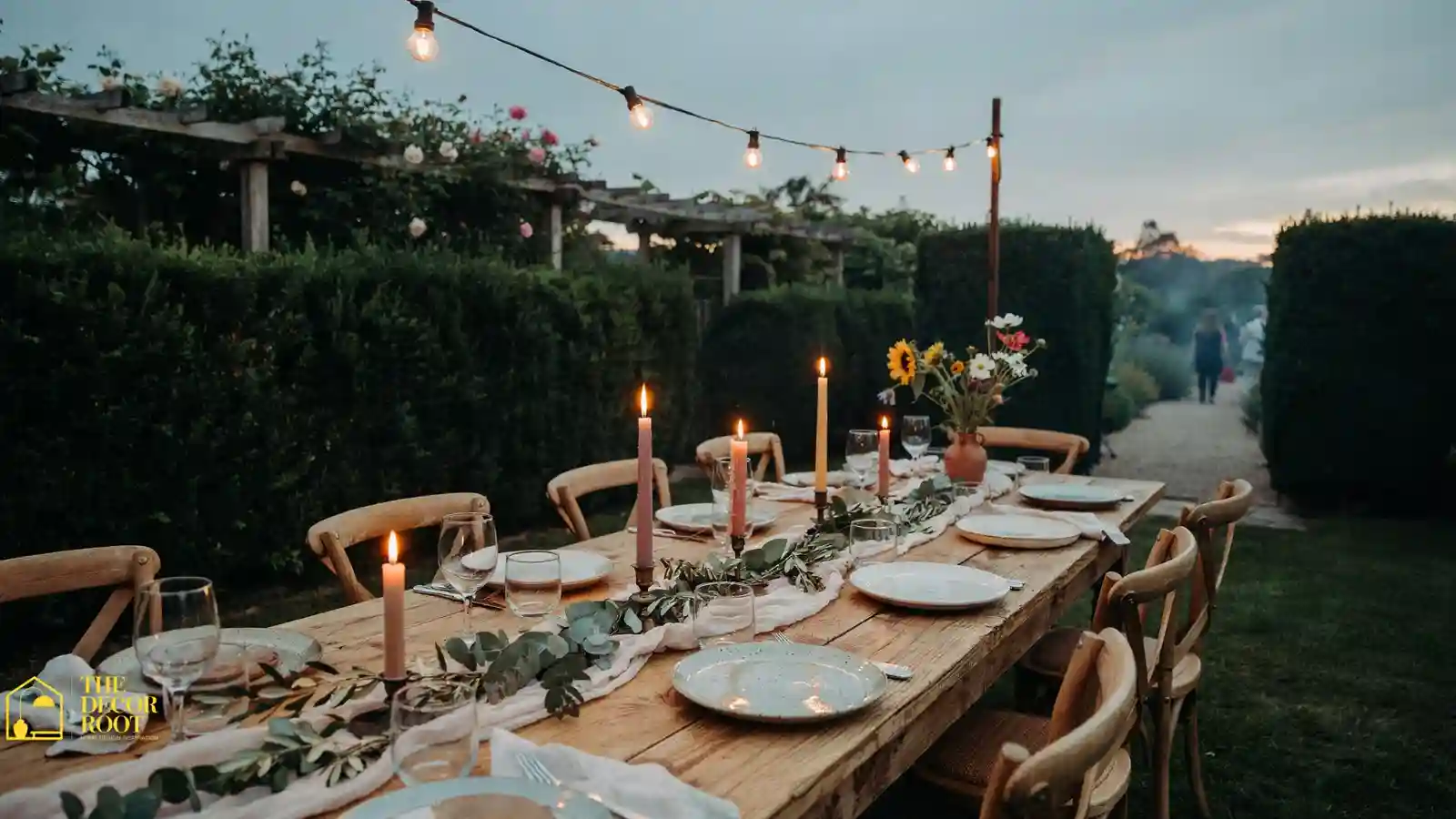 Outdoor dinner table styled with linen runner, candles, and greenery