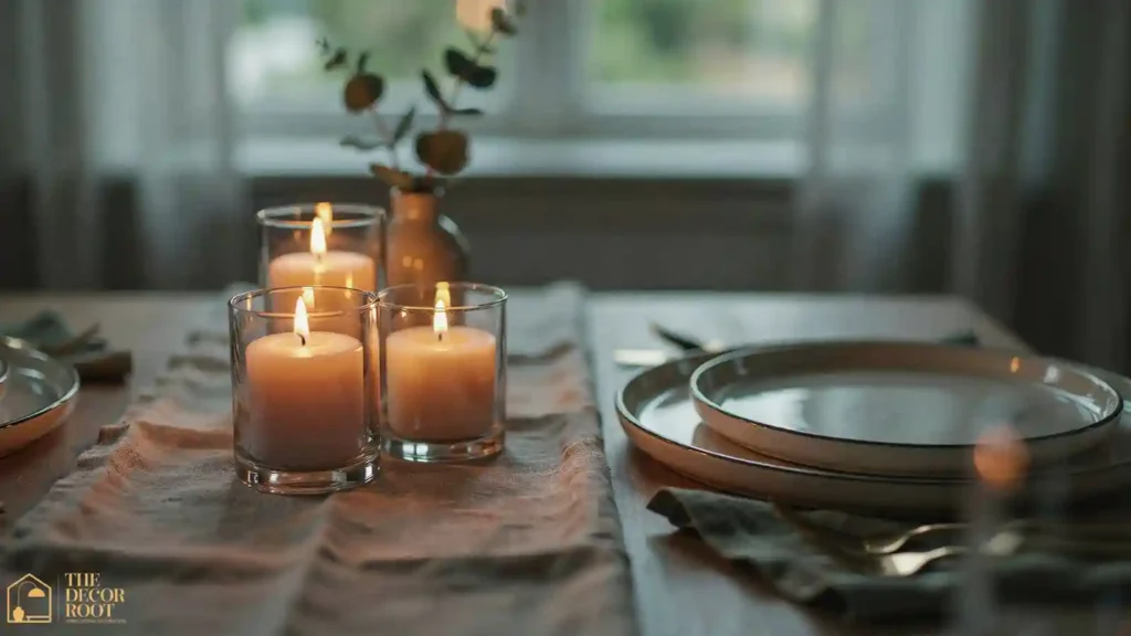 Cluster of glass hurricane candle holders at varying heights on outdoor table