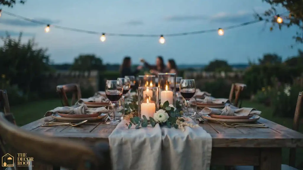 Al fresco dinner table lit by overhead string lights at dusk