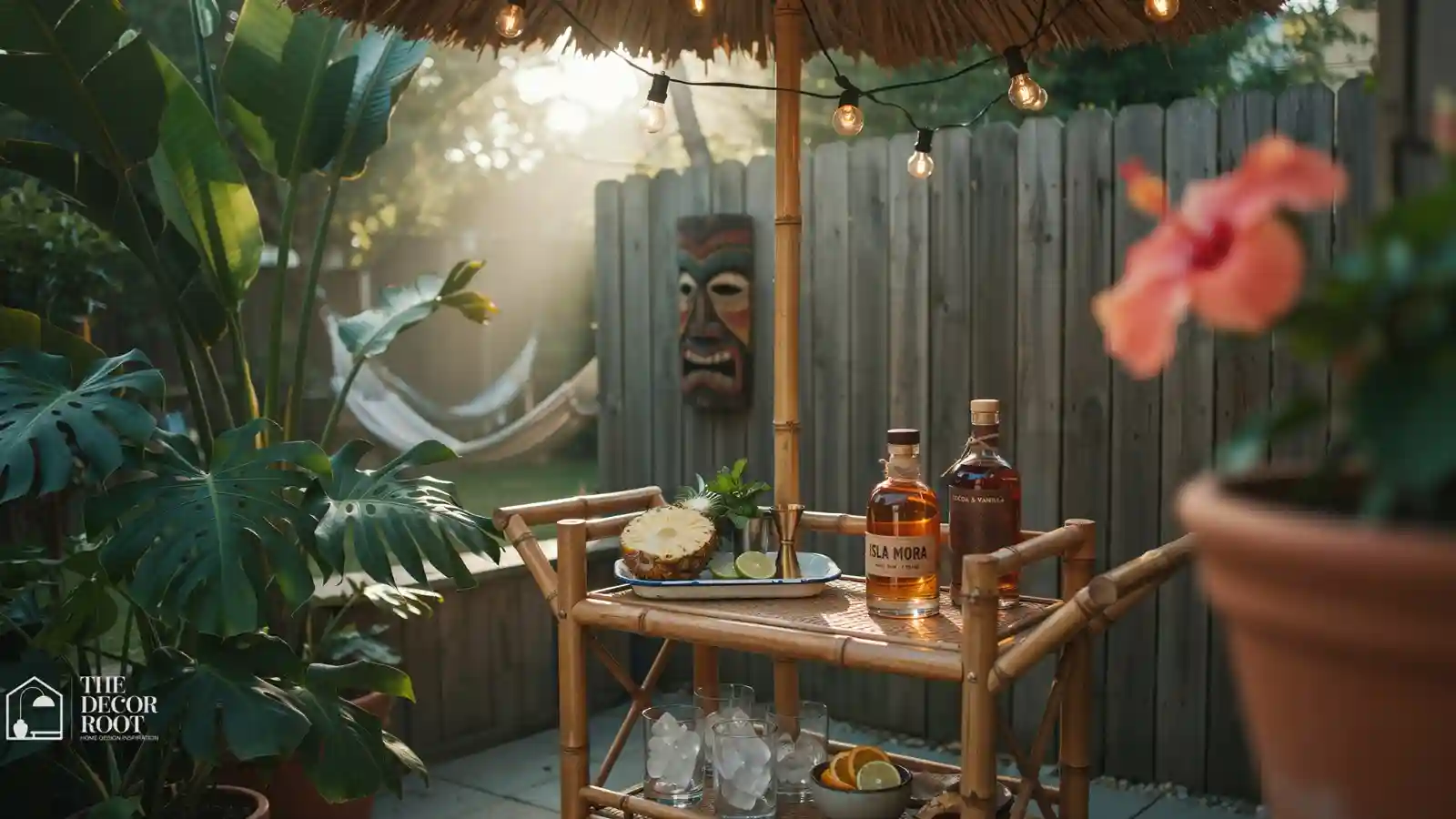 Backyard tiki bar corner with bamboo bar cart and string lights