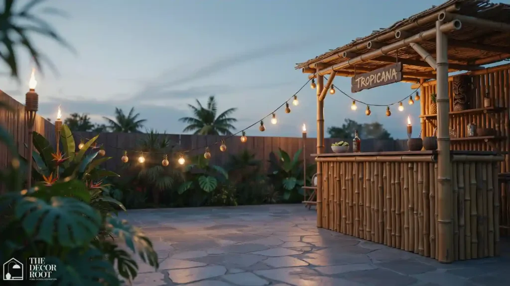 Backyard tiki bar corner lit up at night with tiki torches and string lights