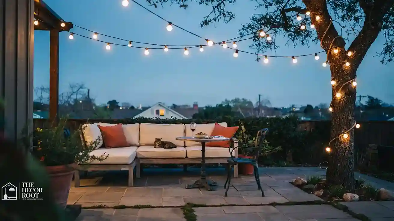 Outdoor dining table lit by a low-hanging canopy of string lights