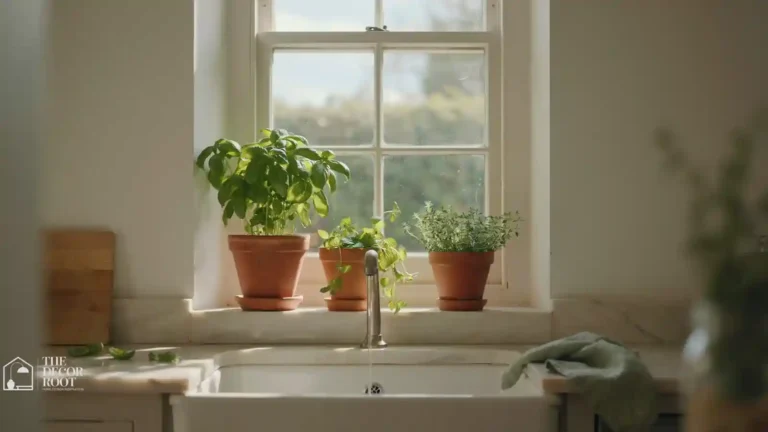 Small kitchen windowsill lined with potted herbs in natural light