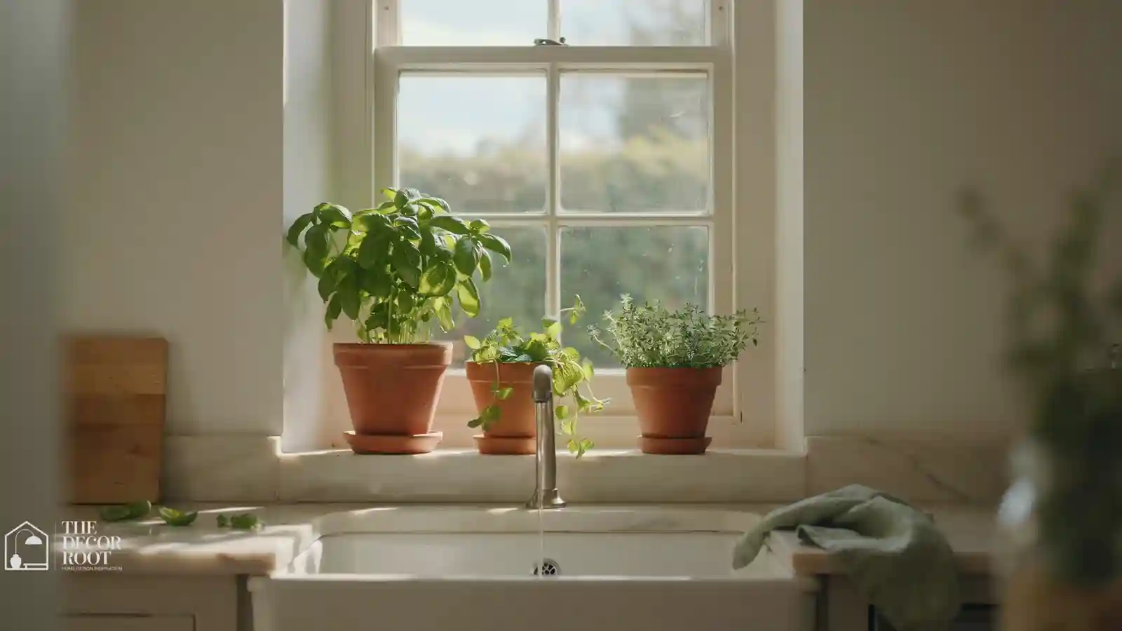 Small kitchen windowsill lined with potted herbs in natural light