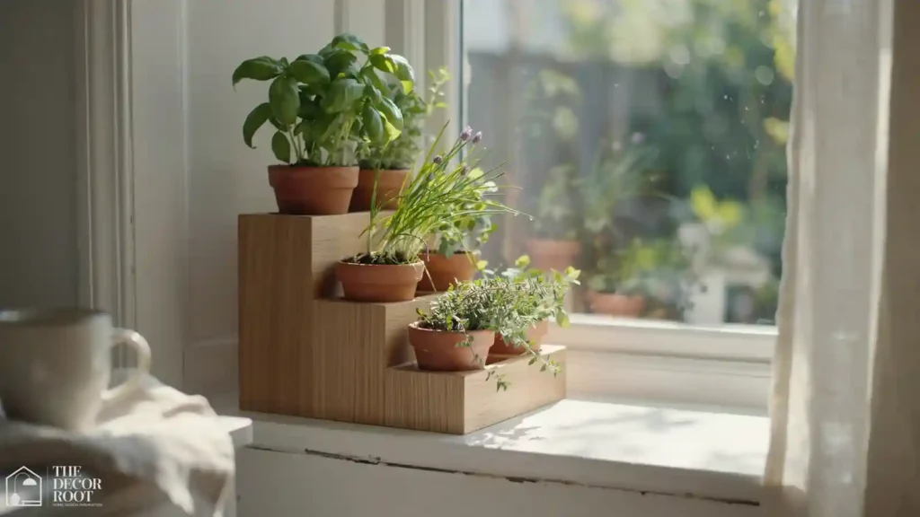 Tiered windowsill planter holding multiple small herb pots
