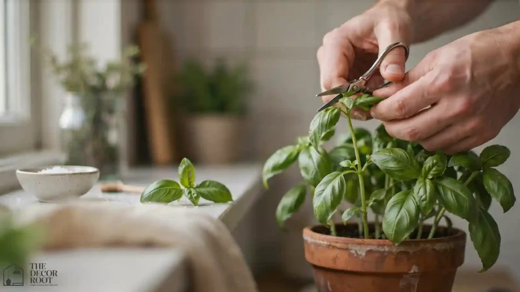 Hand snipping fresh basil from a windowsill herb pot with small scissors