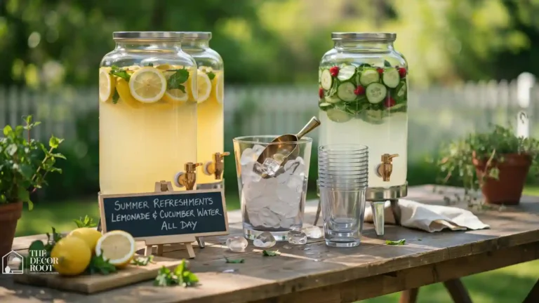 Styled outdoor iced drink station with dispensers, cups, and garnish