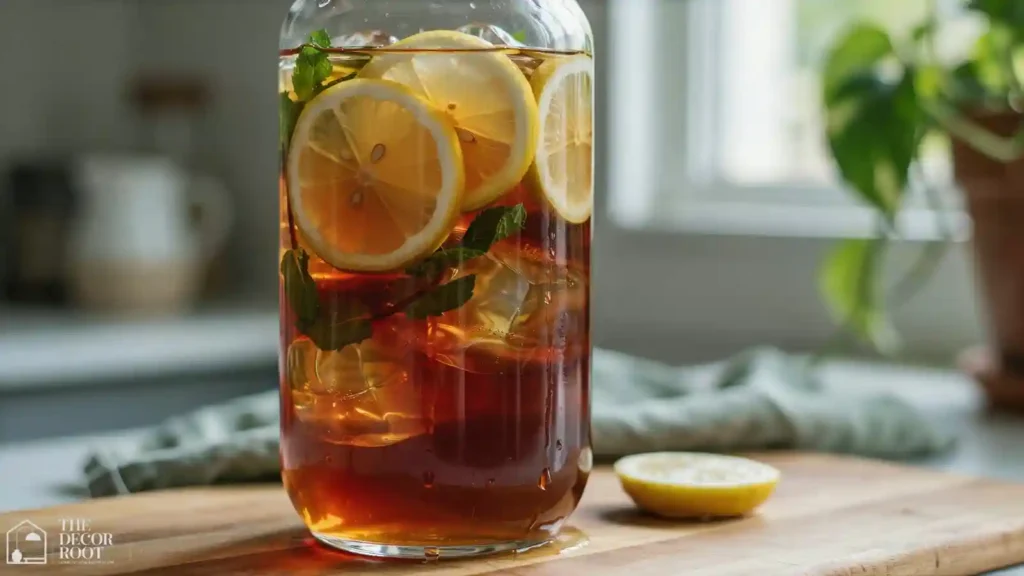 Glass beverage dispenser filled with citrus infused iced tea