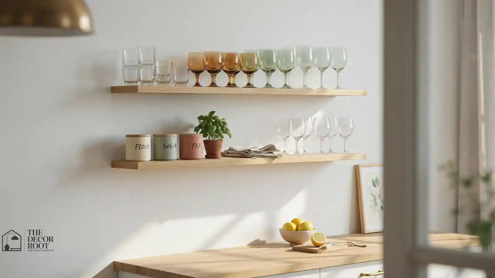 Bright kitchen with styled open shelving and natural light