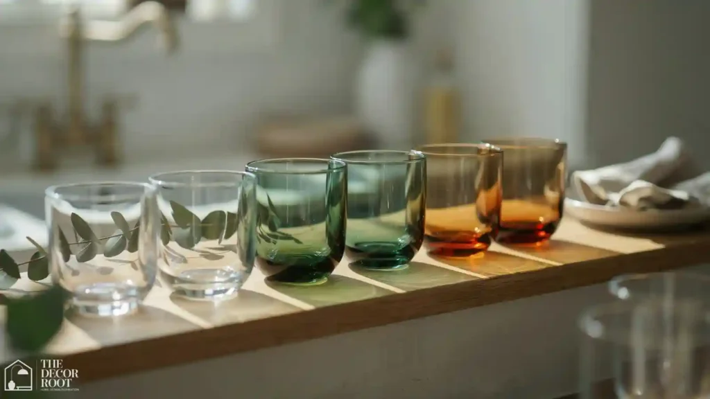 Drinking glasses arranged by color gradient on open kitchen shelving