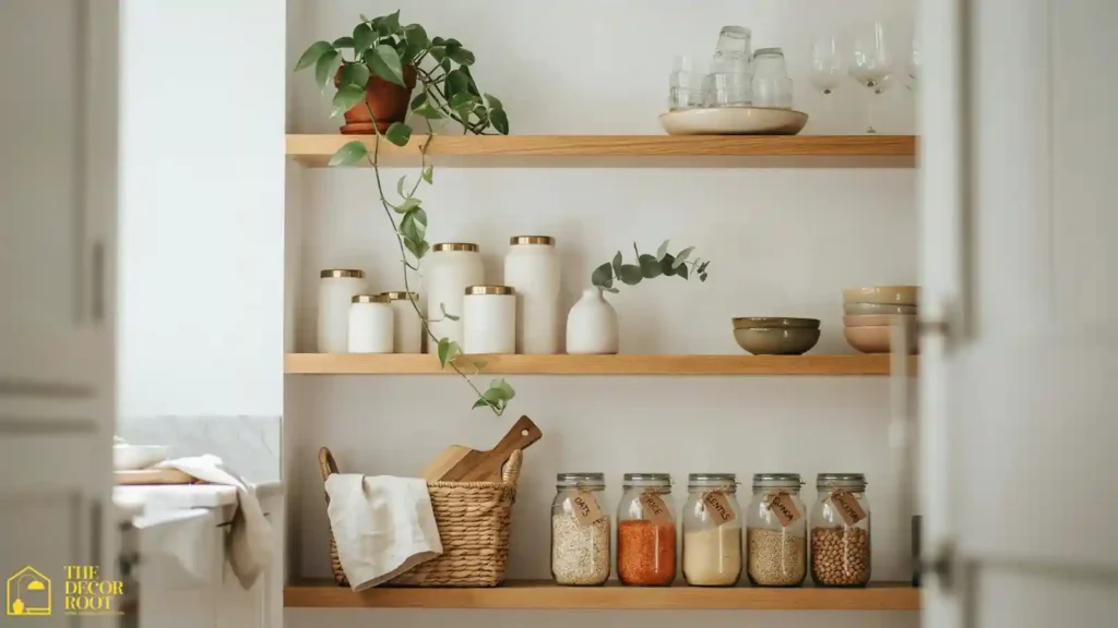 Fully styled open shelving wall in a bright summer kitchen