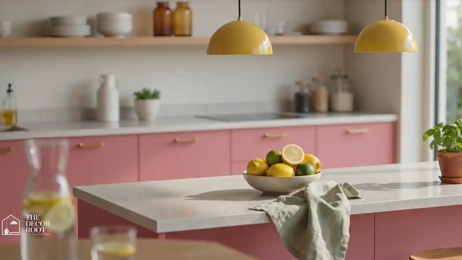 Bright kitchen with watermelon pink lower cabinets and citrus yellow accents