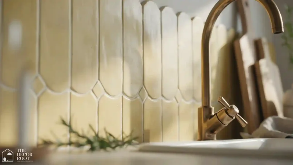 Citrus yellow scalloped tile backsplash with brass hardware in a summer kitchen