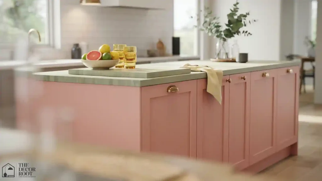 Watermelon pink kitchen island with lime green countertop styling
