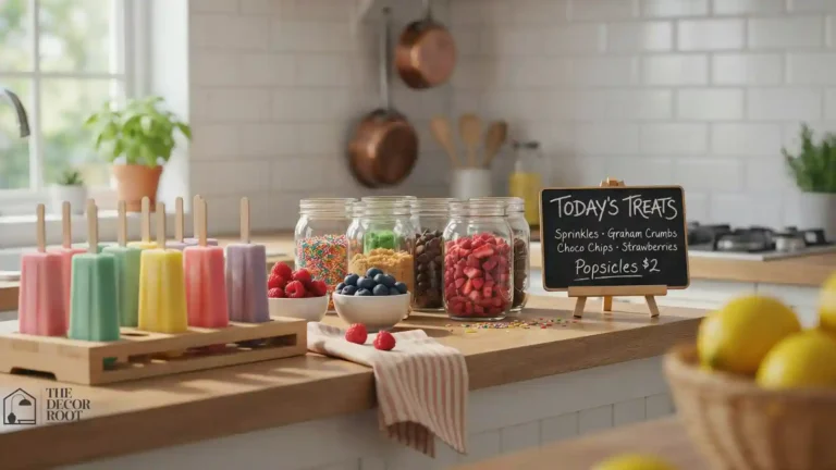 Kids' popsicle and ice cream station set up on a kitchen counter with toppings