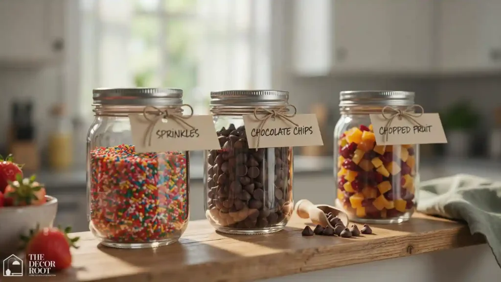 Mason jar toppings bar with sprinkles for a kids' ice cream station