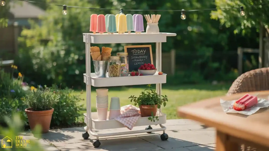 Rolling ice cream cart fully stocked as a kids' popsicle station