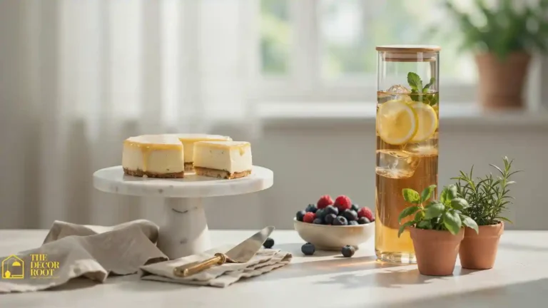 Styled kitchen counter with no-bake dessert station and chilled beverages