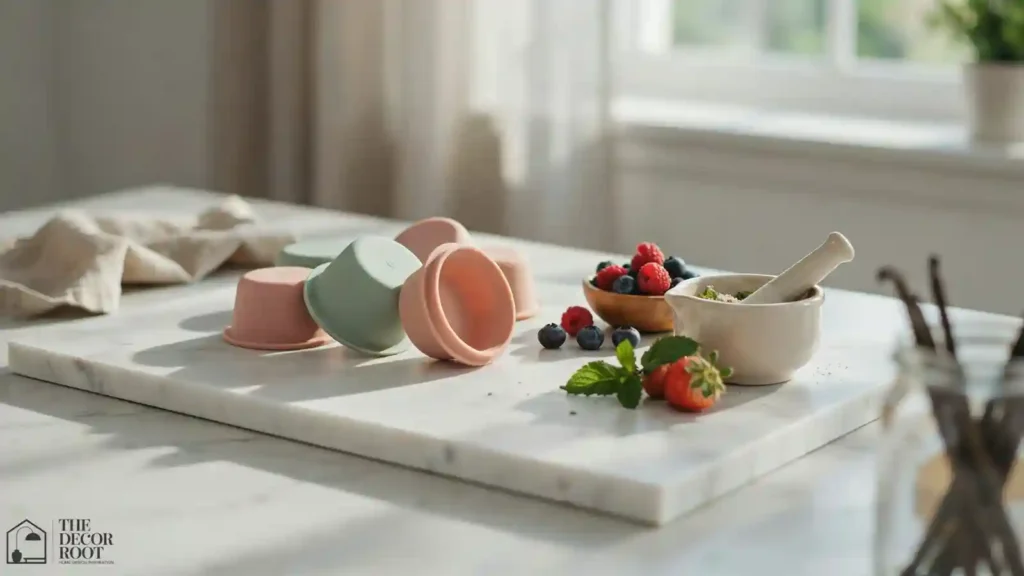 Silicone no-bake dessert molds styled next to a marble slab on a kitchen counter