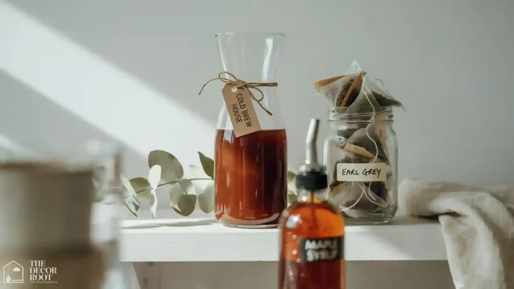 Cold-brew and iced tea station styled on open kitchen shelving