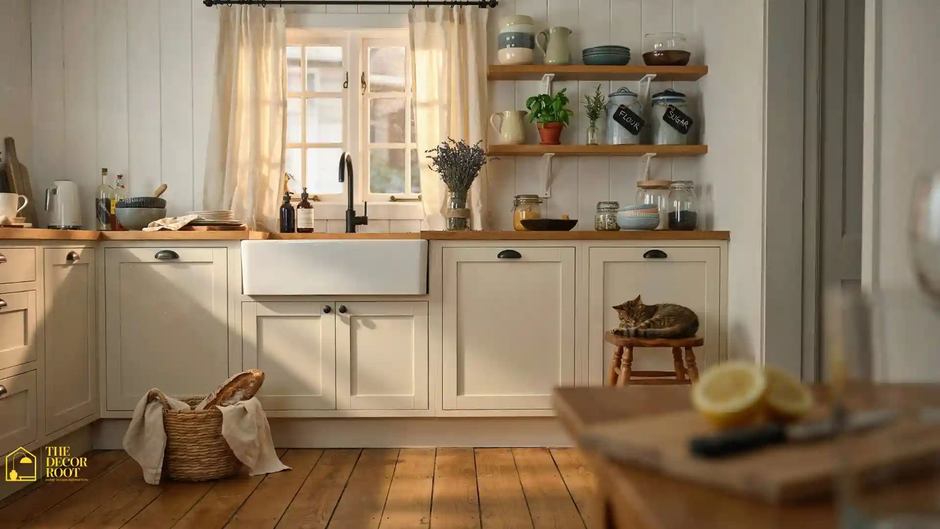 Bright farmhouse cottage kitchen ideas featuring open wood shelves, white shiplap, and a ceramic apron sink