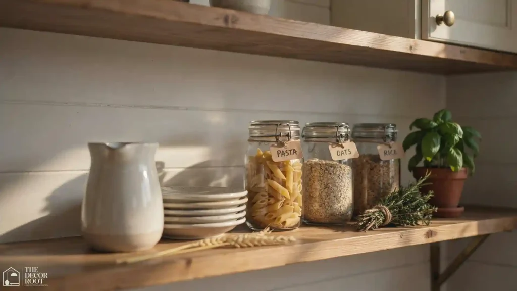 Farmhouse cottage kitchen ideas mid-post showing open shelving styled with ceramics, jars and trailing herbs