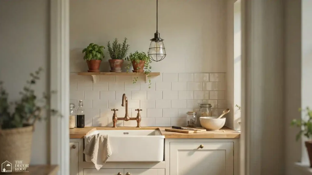 Completed farmhouse cottage kitchen ideas result with apron sink, pendant light and styled counter vignette