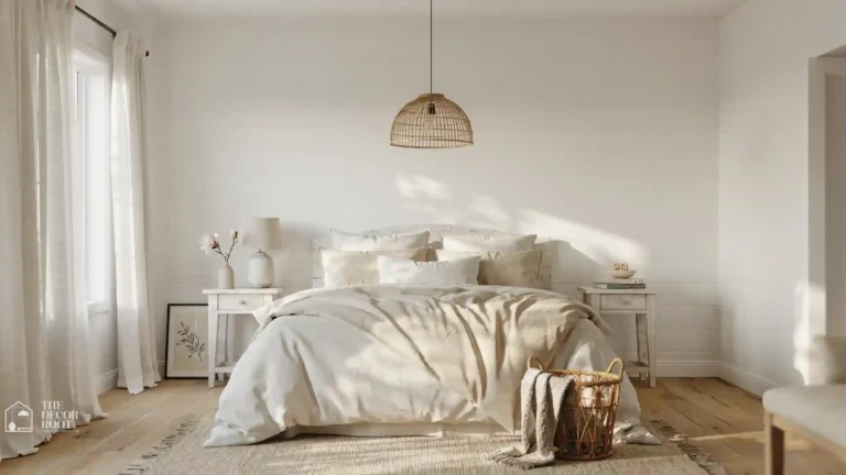 Cozy farmhouse bedroom ideas with linen bedding, shiplap walls, rattan pendant and wooden nightstand
