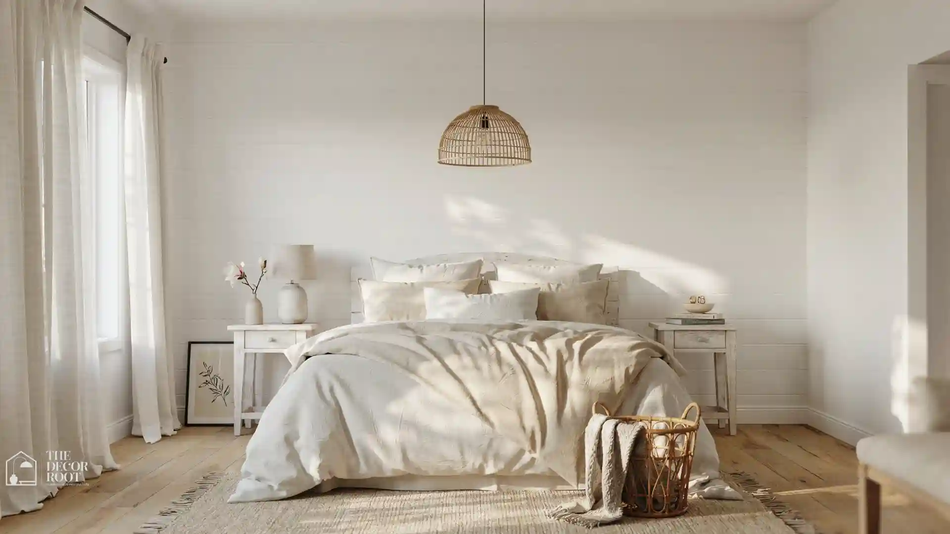 Cozy farmhouse bedroom ideas with linen bedding, shiplap walls, rattan pendant and wooden nightstand
