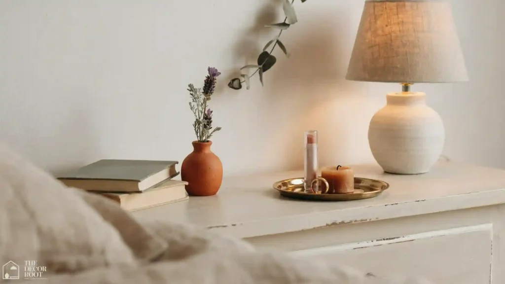 Cozy farmhouse bedroom ideas mid-post showing nightstand vignette with ceramic lamp, bud vase and stacked books