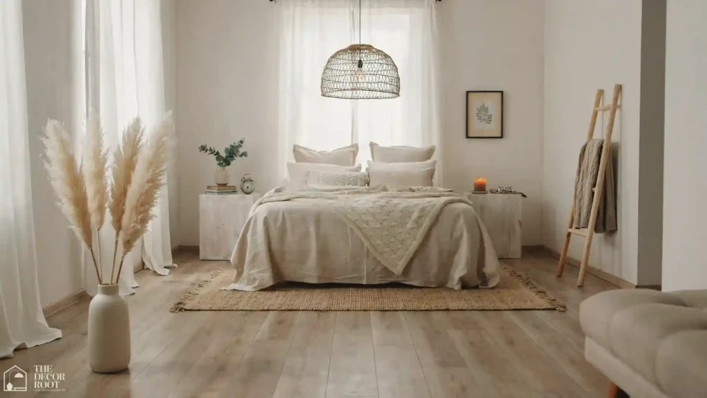 Cozy farmhouse bedroom ideas final look with layered linen bedding, jute rug, rattan pendant and window light