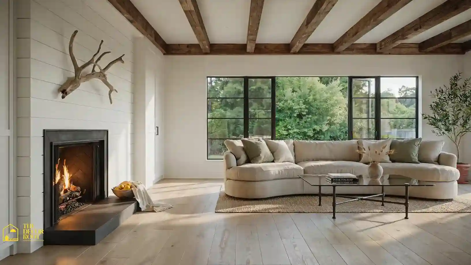 Modern farmhouse living room ideas featuring a shiplap fireplace, linen sofa, black windows and warm wood beam ceiling