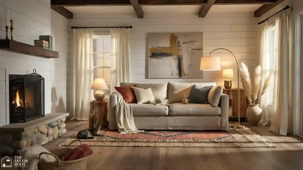 Modern farmhouse dining room ideas final look with reclaimed table, mixed chairs, iron chandelier and styled credenza