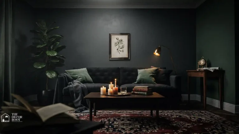 Dark moody living room ideas with deep charcoal walls, velvet sofa, and dramatic candlelight