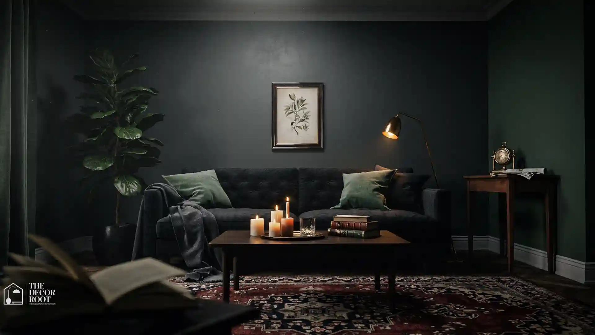 Dark moody living room ideas with deep charcoal walls, velvet sofa, and dramatic candlelight