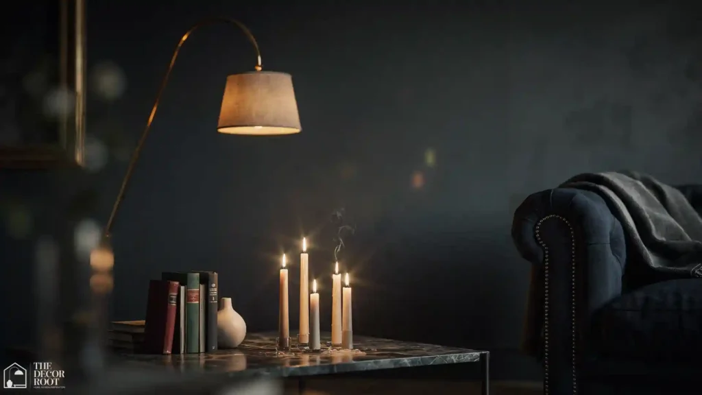 Dark moody living room with layered brass floor lamp, candle cluster, and velvet sofa in deep navy