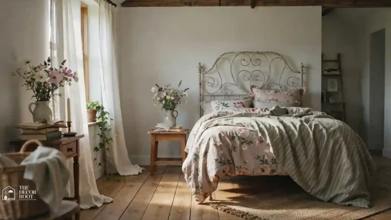Cottagecore bedroom ideas with floral linen bedding, vintage nightstand, and morning sunlight through sheer curtains