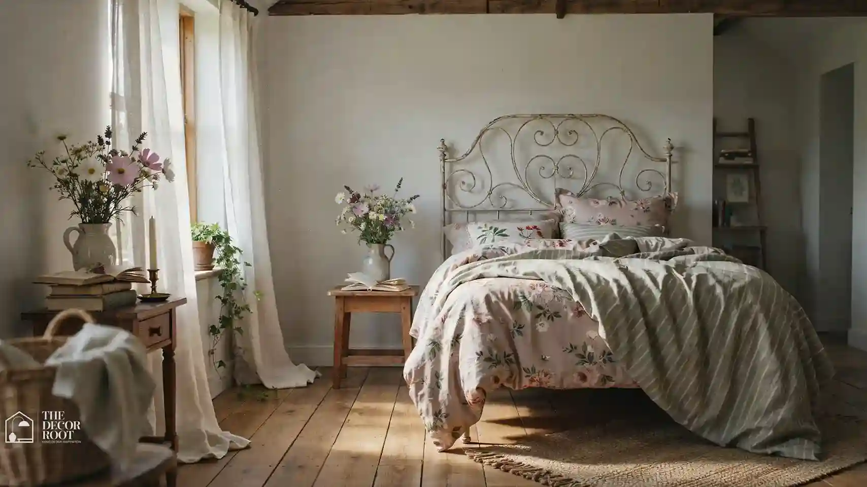 Cottagecore bedroom ideas with floral linen bedding, vintage nightstand, and morning sunlight through sheer curtains