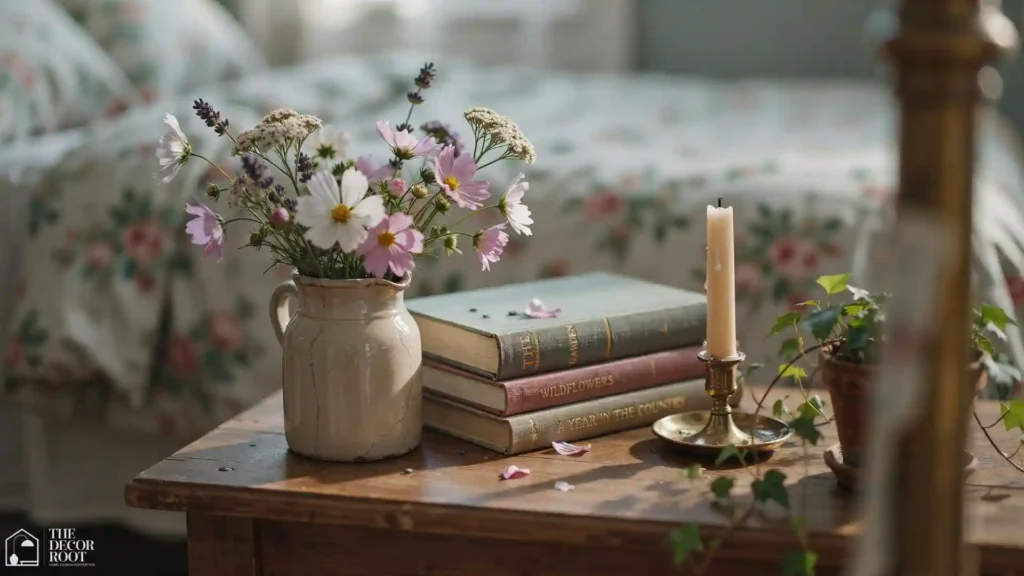 Cottagecore bedroom nightstand with wildflowers in vintage jug, stack of books, and warm candlelight
