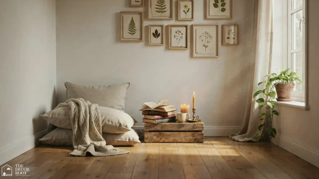 Cottagecore bedroom reading nook with floor pillows, trailing plant, and botanical gallery wall