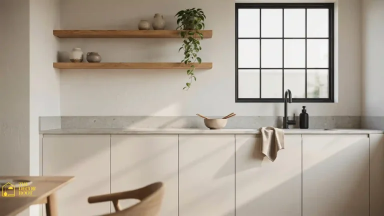Japandi kitchen ideas with matte white flat-front cabinets, warm wood open shelves, and black fixtures