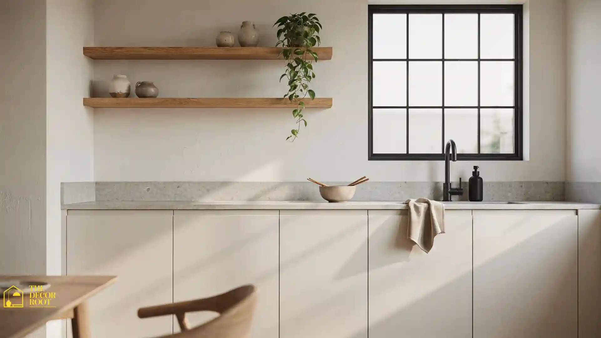 Japandi kitchen ideas with matte white flat-front cabinets, warm wood open shelves, and black fixtures