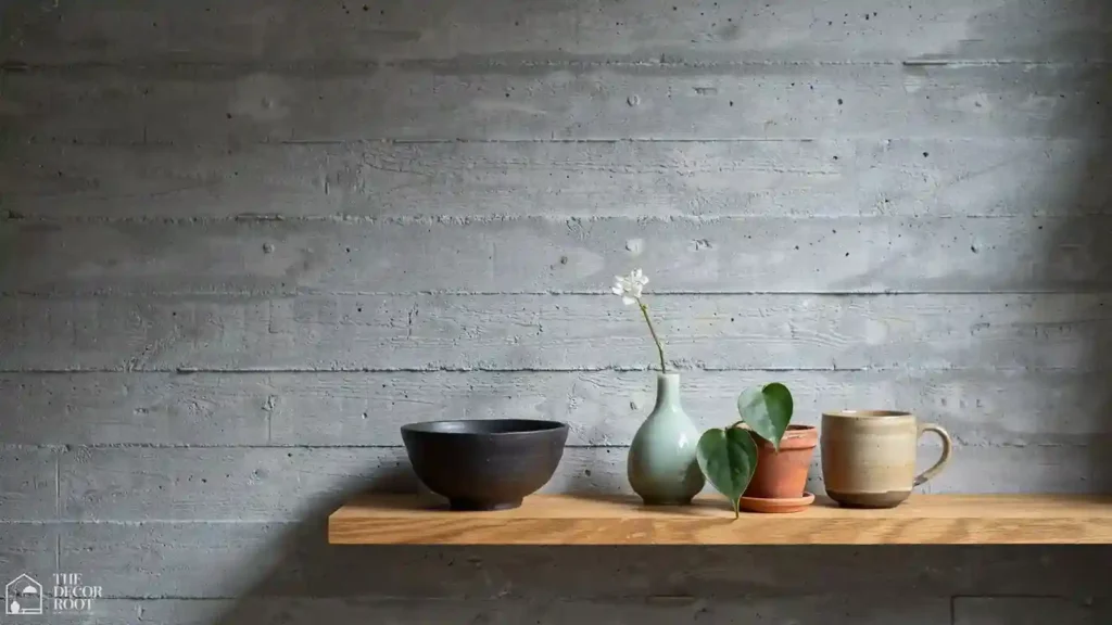 Japandi kitchen open shelving with matte black ceramics, trailing plant, and warm oak wood shelf