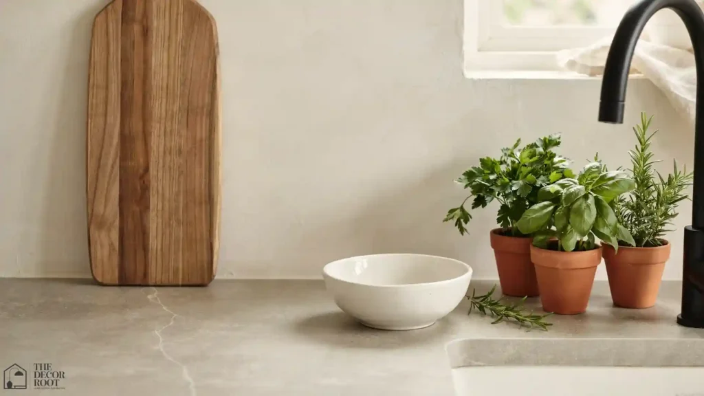 Japandi kitchen counter with wooden cutting board, terracotta herb pots, and matte black faucet