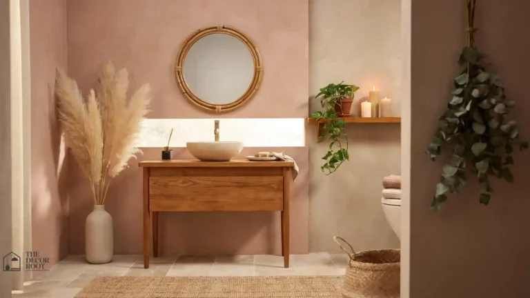 Boho bathroom ideas with pampas grass, rattan mirror, hanging plants, and warm terracotta tones