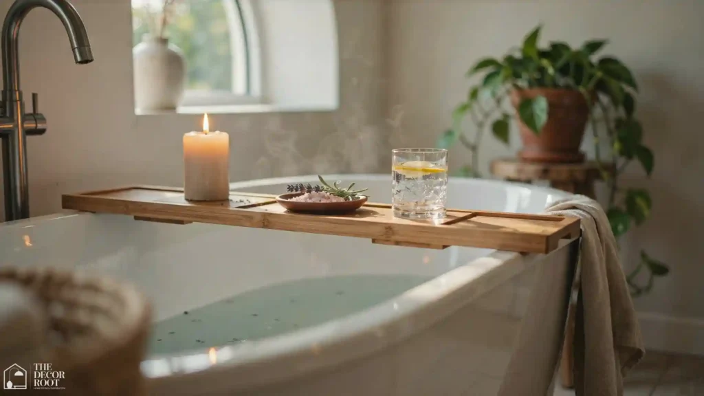 Boho bathroom bathtub tray with candles, bath salts, and a trailing plant in warm golden light
