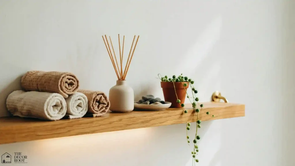 Boho bathroom open wooden shelf with rolled towels, ceramic diffuser, plants, and brass accessories
