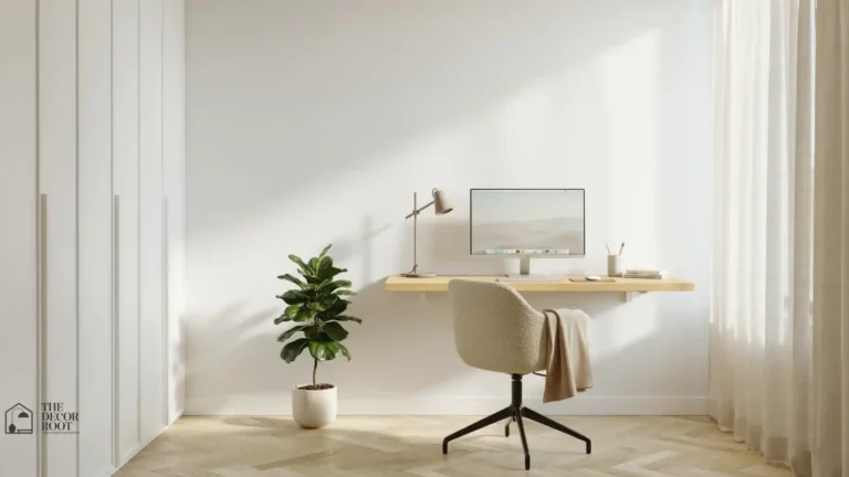 Bright and minimal home office design ideas with wooden desk, natural light, and potted plants for focus