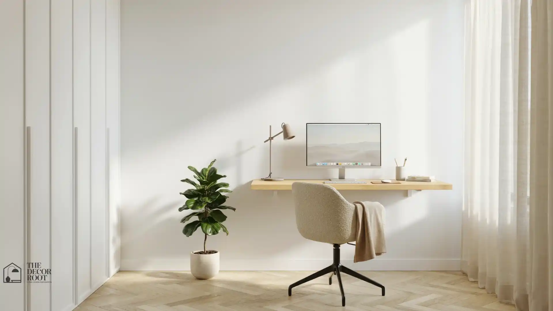 Bright and minimal home office design ideas with wooden desk, natural light, and potted plants for focus
